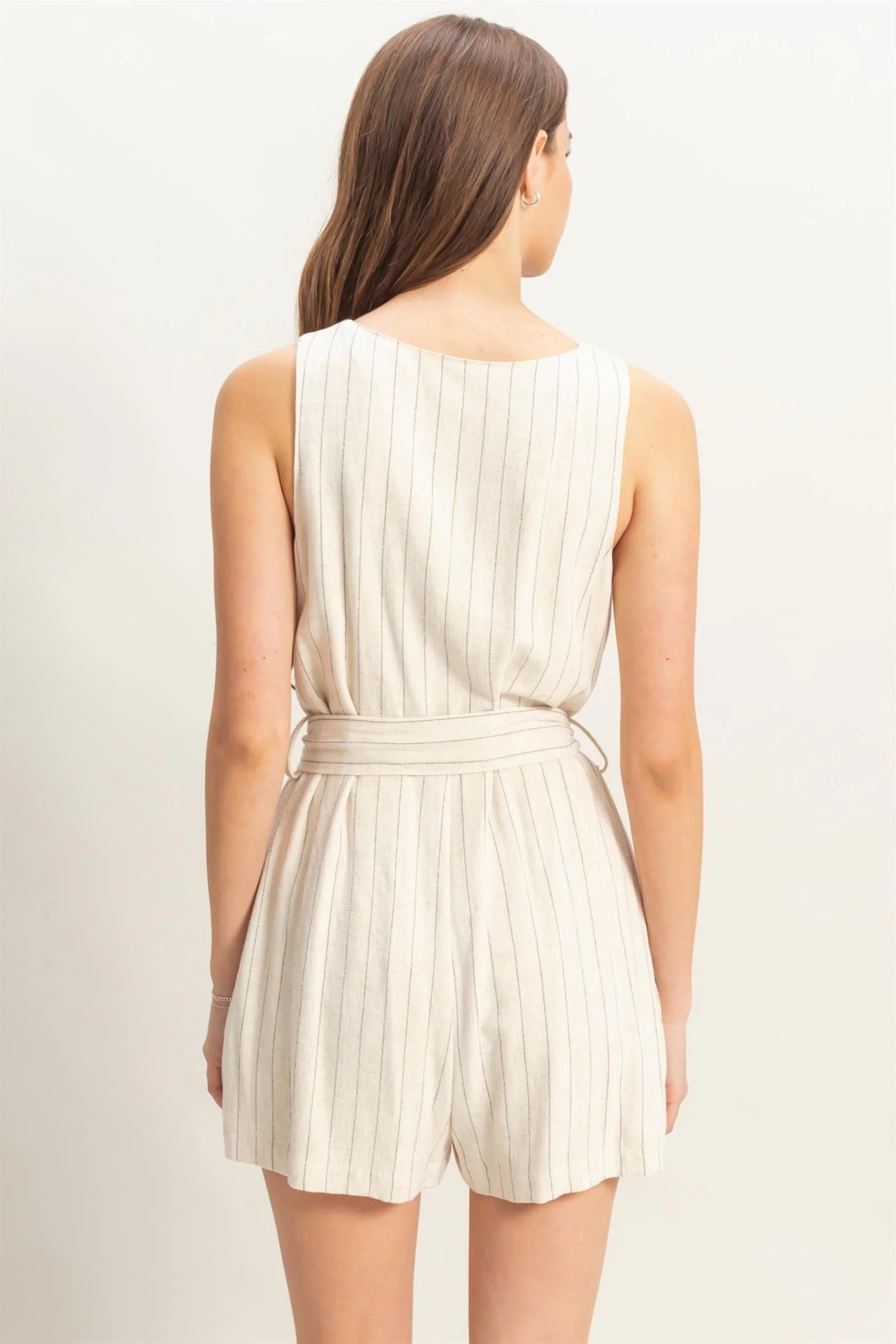 The Rhea Striped Rayon Linen Belted Romper