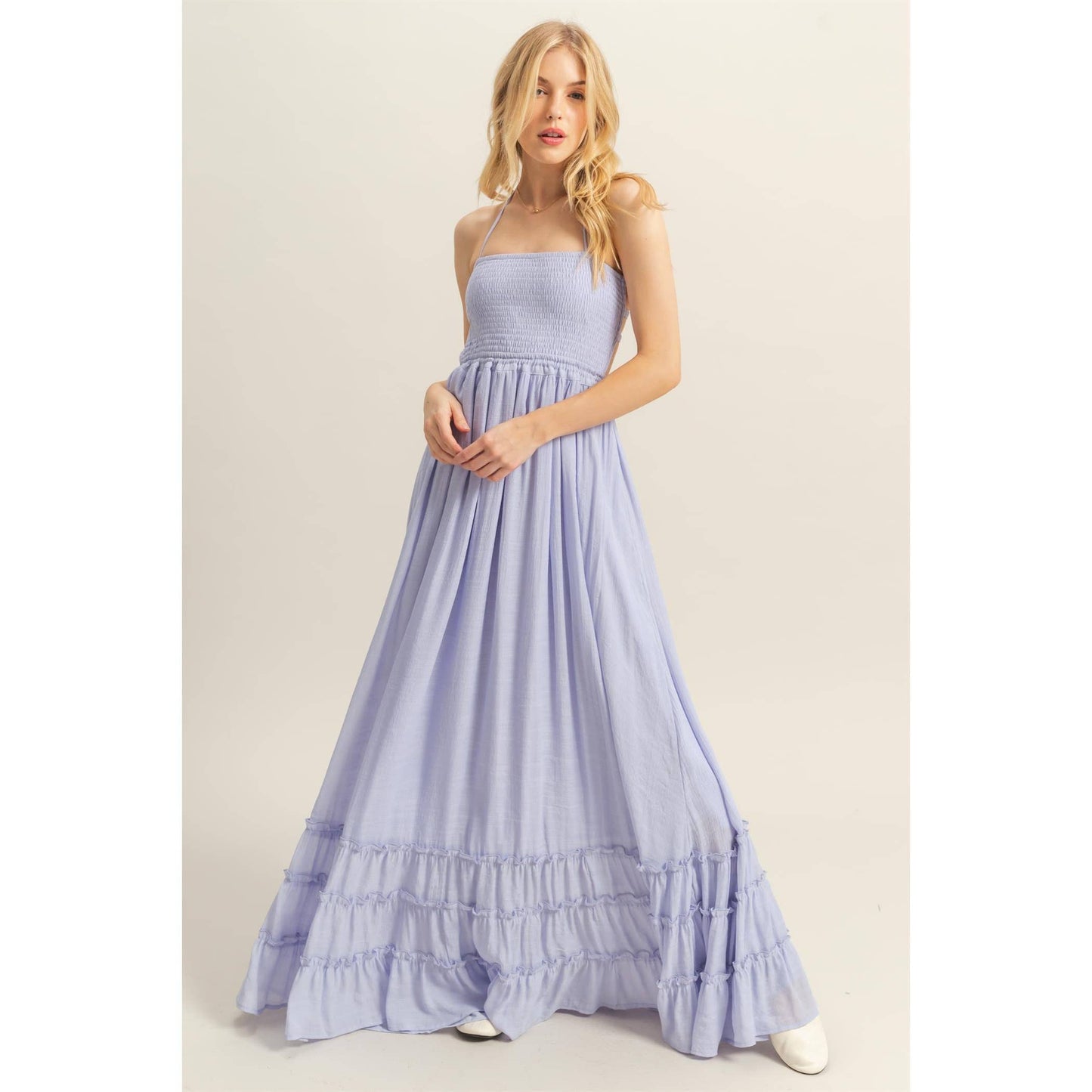 The Talia Halter Neck Smocked Bodice Tiered Hem Maxi Dress