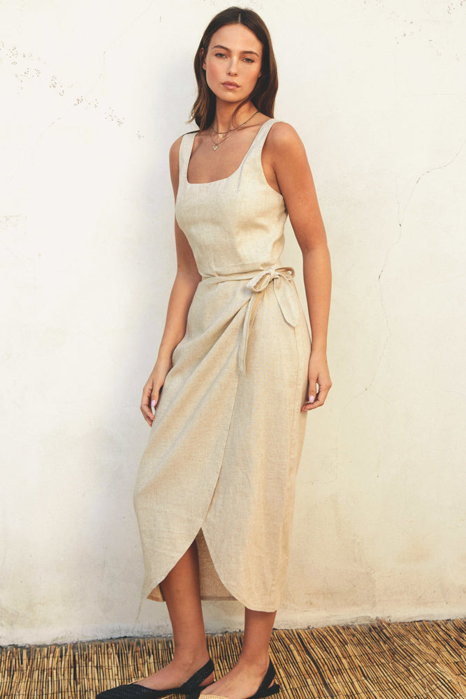 The Hera | Linen Square Neck Tulip Hem Wrap Dress
