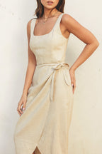 The Hera | Linen Square Neck Tulip Hem Wrap Dress
