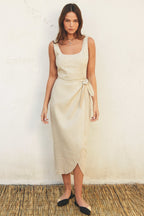 The Hera | Linen Square Neck Tulip Hem Wrap Dress