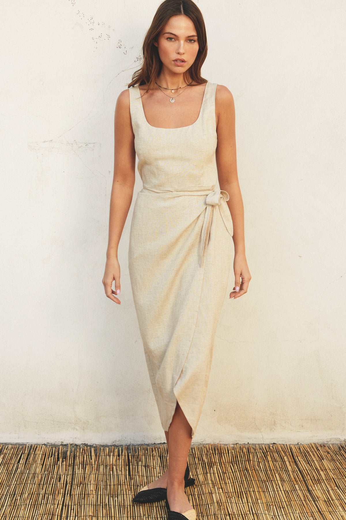 The Hera | Linen Square Neck Tulip Hem Wrap Dress