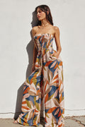 The Liora | Tropical Leaf Smocked Top Wide Leg Jumpsuit