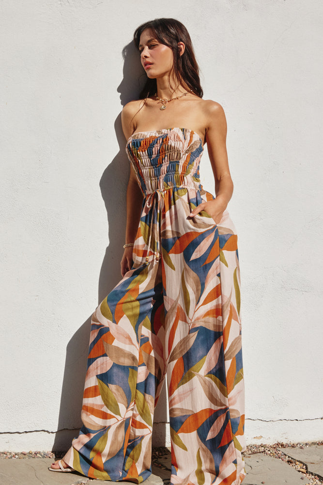 The Liora | Tropical Leaf Smocked Top Wide Leg Jumpsuit