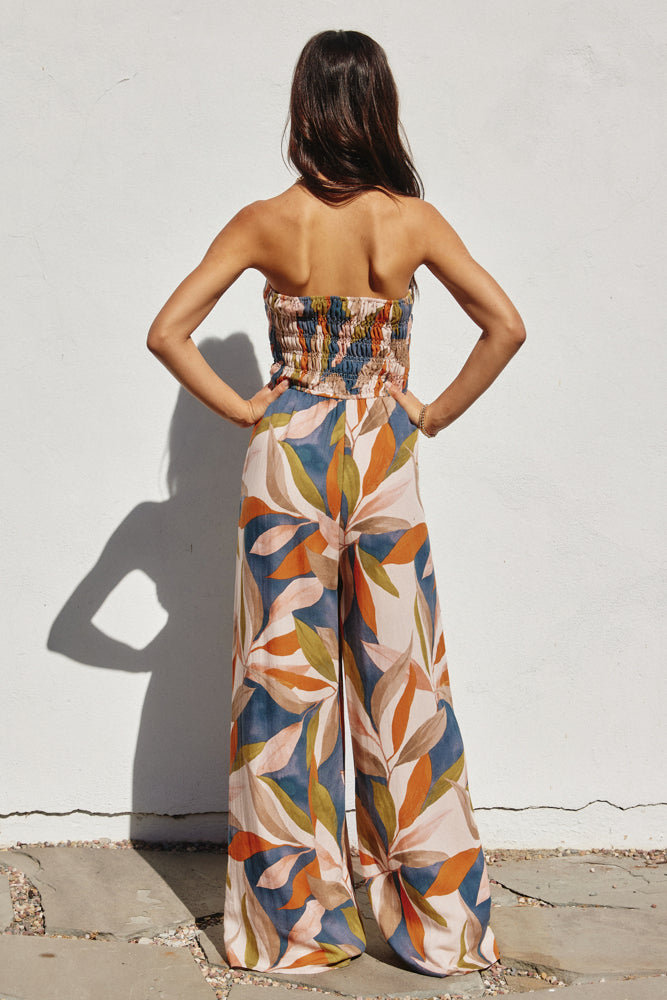 The Liora | Tropical Leaf Smocked Top Wide Leg Jumpsuit