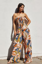 The Liora | Tropical Leaf Smocked Top Wide Leg Jumpsuit