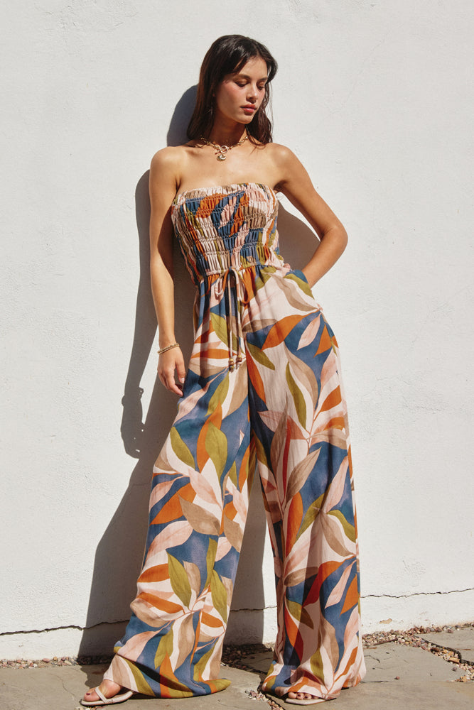 The Liora | Tropical Leaf Smocked Top Wide Leg Jumpsuit