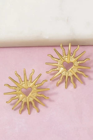 The Venus | Gold Dipped Sacred Heart Sunburst Stud Earrings