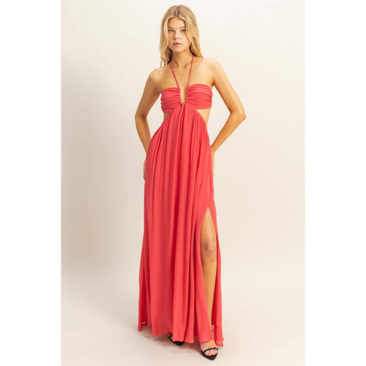 The Solana Halter Neck Side Cutout Flowy Maxi Dress