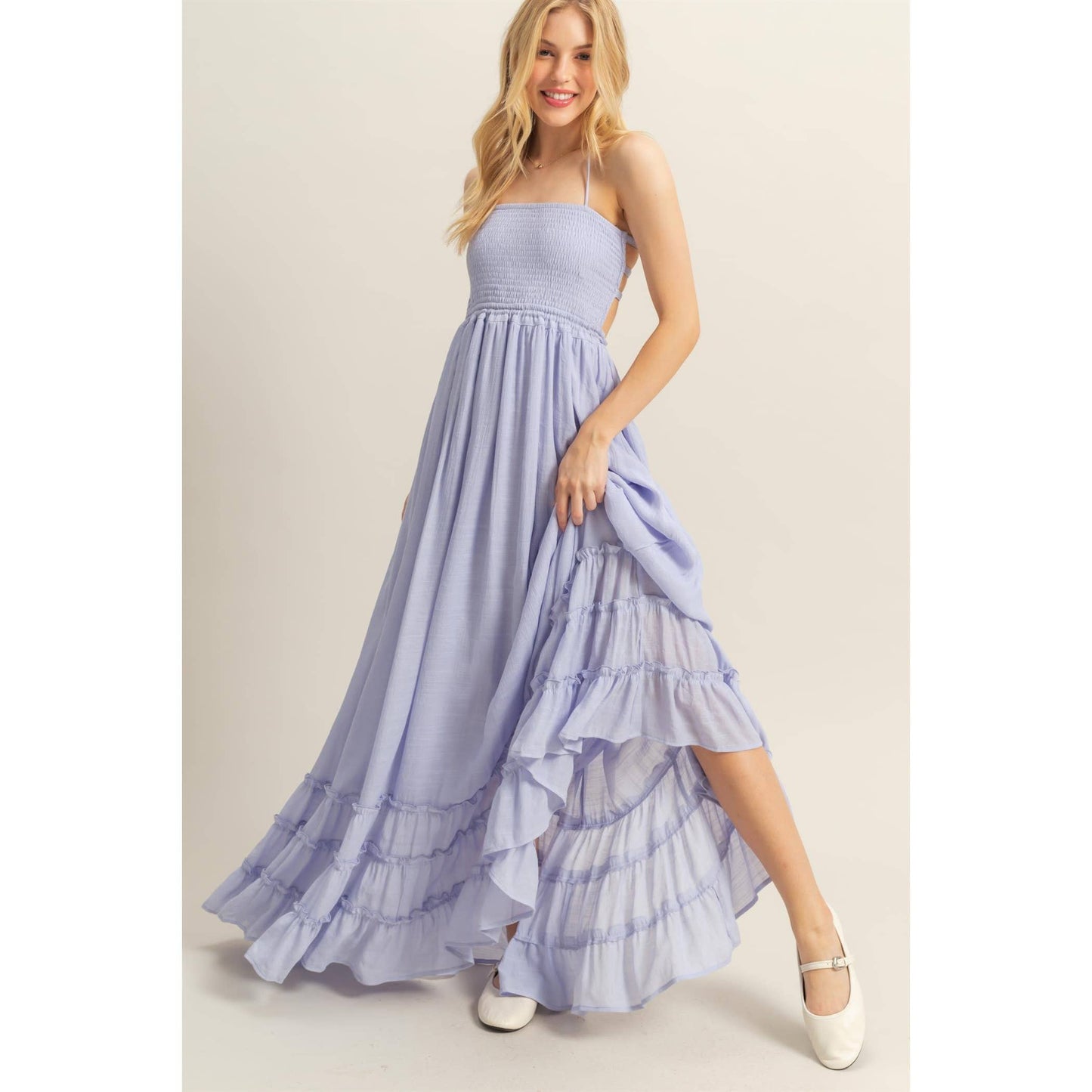 The Talia Halter Neck Smocked Bodice Tiered Hem Maxi Dress