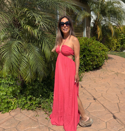 The Solana Halter Neck Side Cutout Flowy Maxi Dress