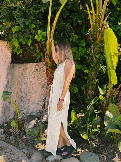 The Blaire Striped Rayon Linen Side Slit Maxi Dress