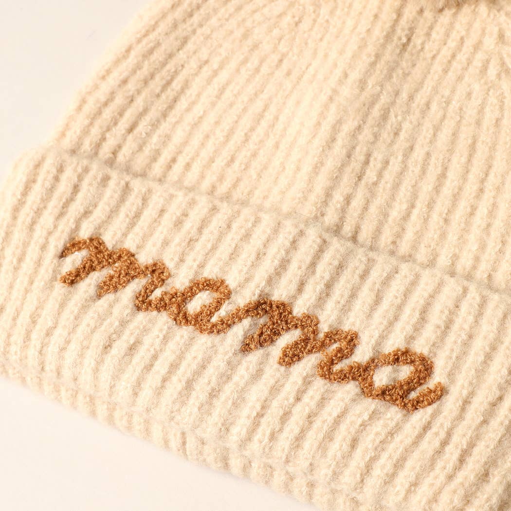 The Mama Script Embroidered Pom Beanie