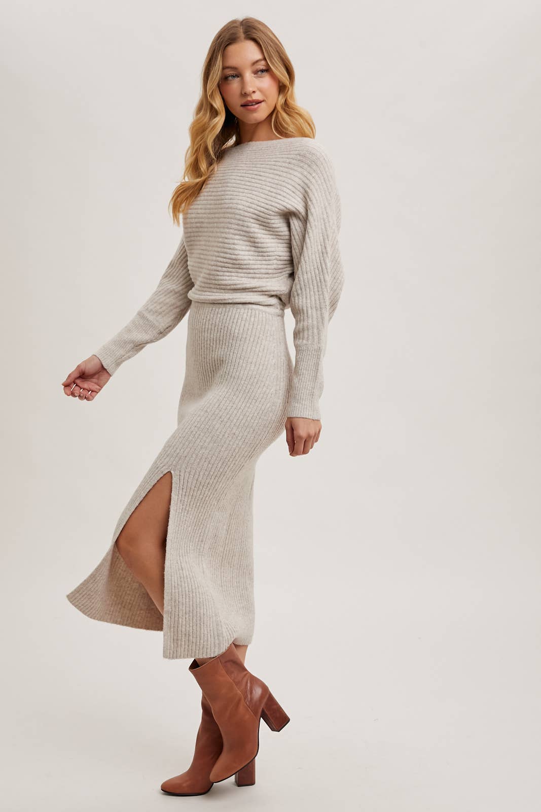 The Rory One Shoulder Side Slit Midi Knit Sweater Dress
