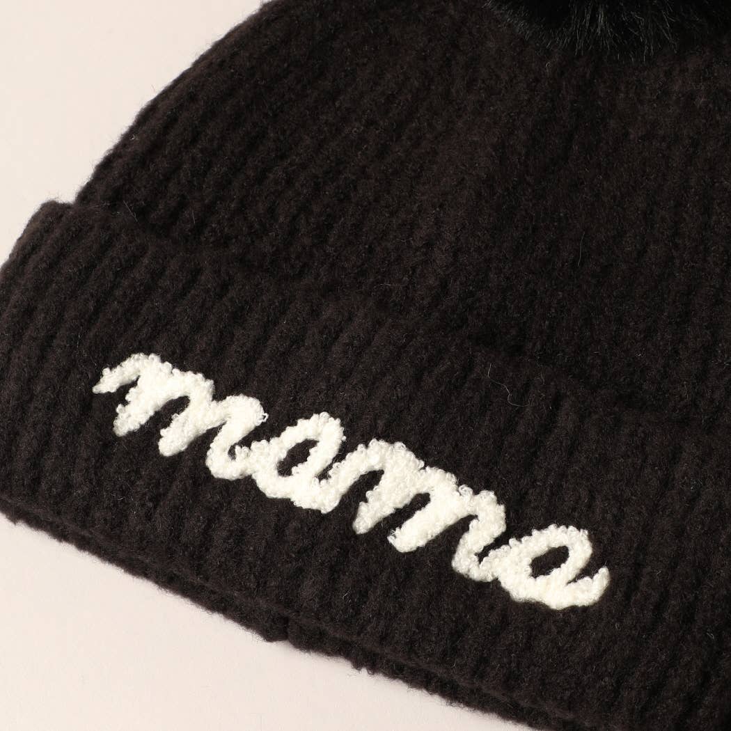 The Mama Script Embroidered Pom Beanie