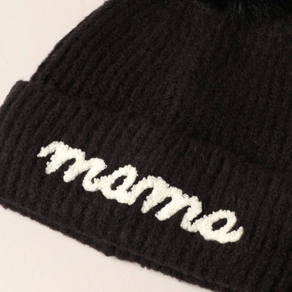 The Mama Script Embroidered Pom Beanie