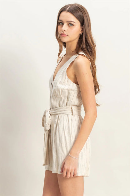 The Rhea Striped Rayon Linen Belted Romper