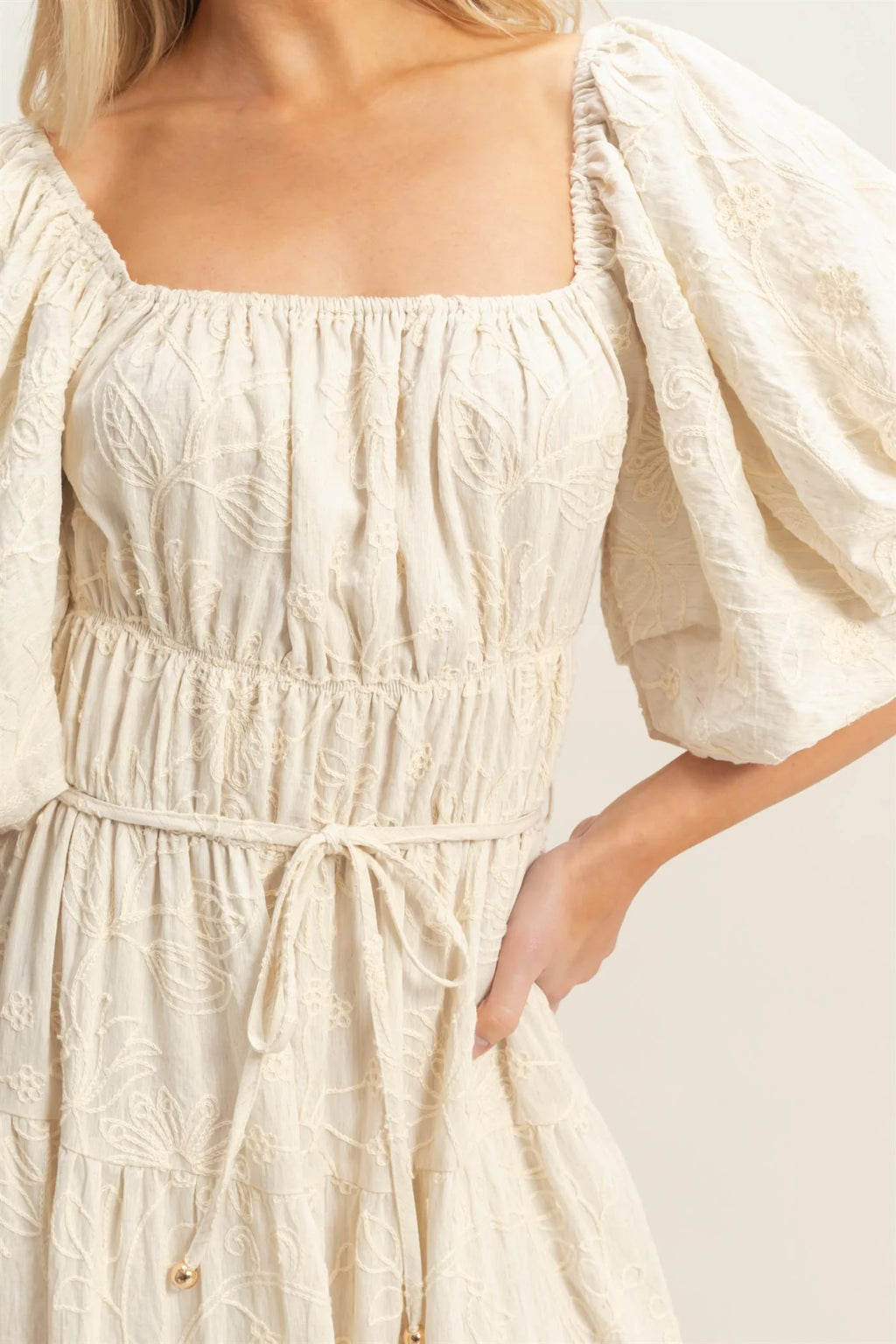 The Soleil | Embroidered Floral Puff Sleeve Maxi Dress