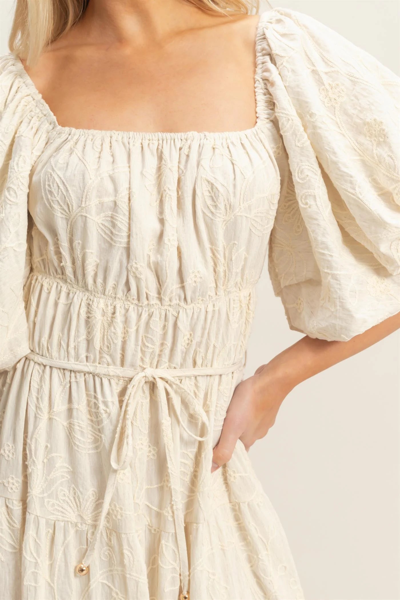 The Soleil | Embroidered Floral Puff Sleeve Maxi Dress