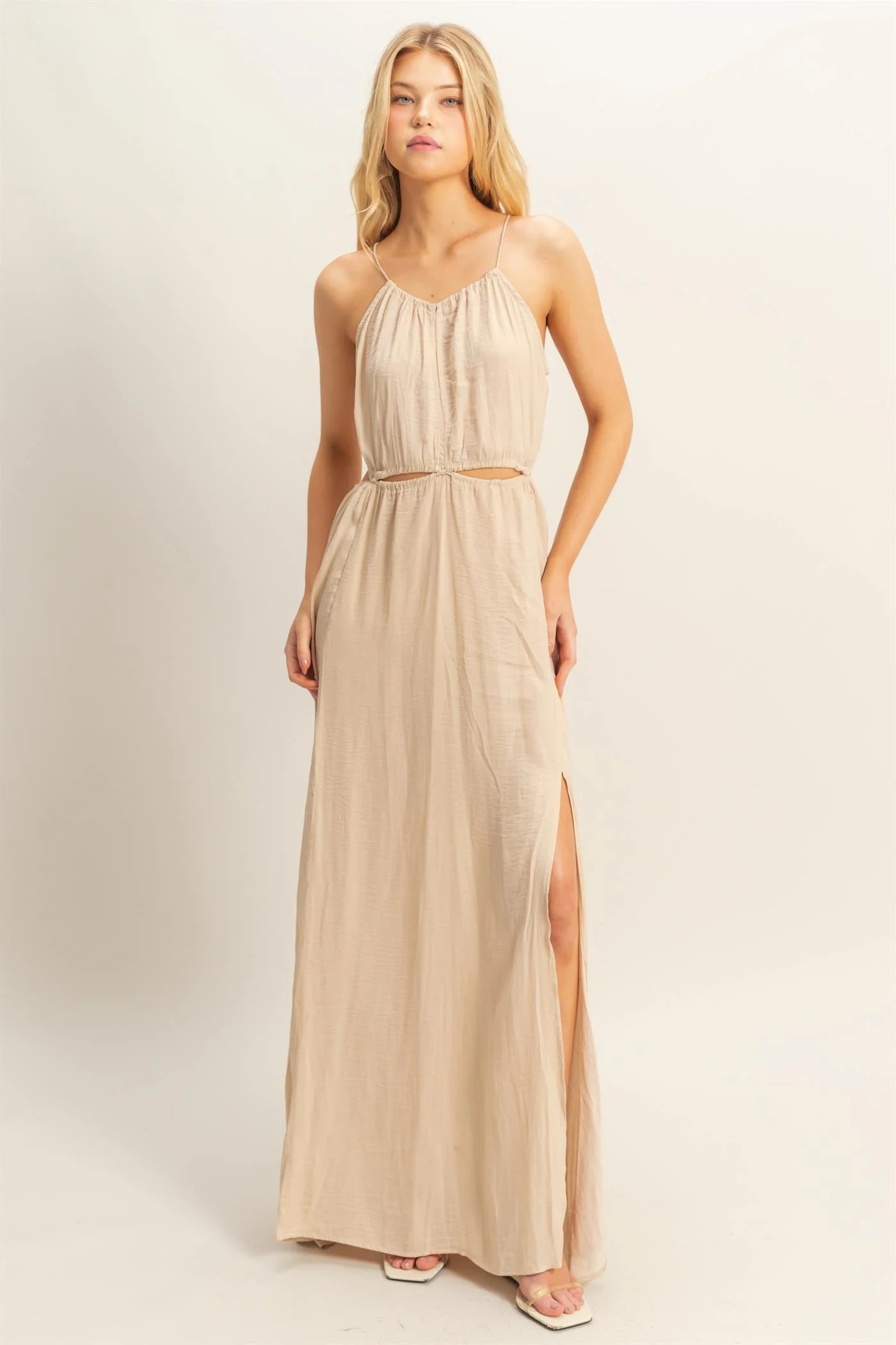 The Soleil Side Sand Cutout Side Slit Maxi Dress