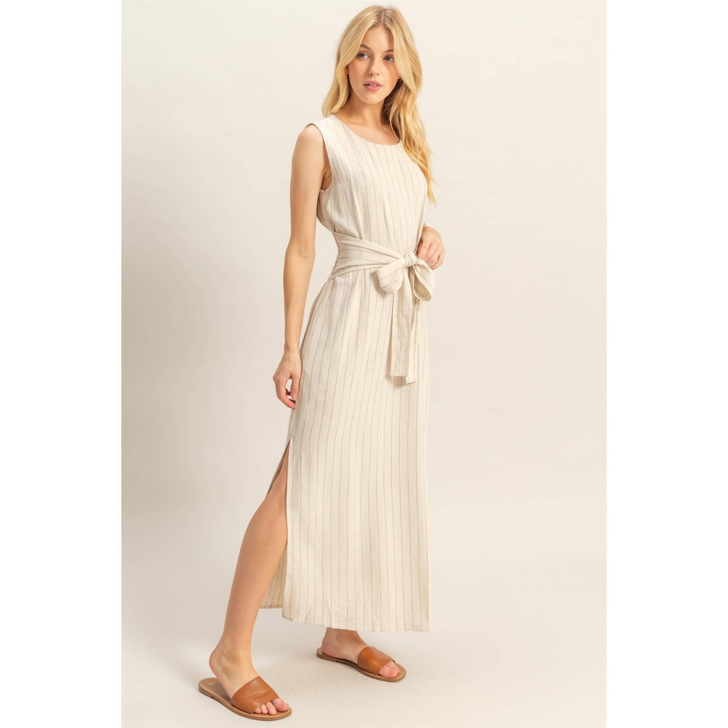 The Blaire Striped Rayon Linen Side Slit Maxi Dress