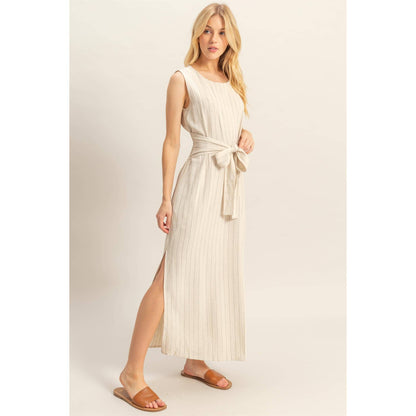 The Blaire Striped Rayon Linen Side Slit Maxi Dress