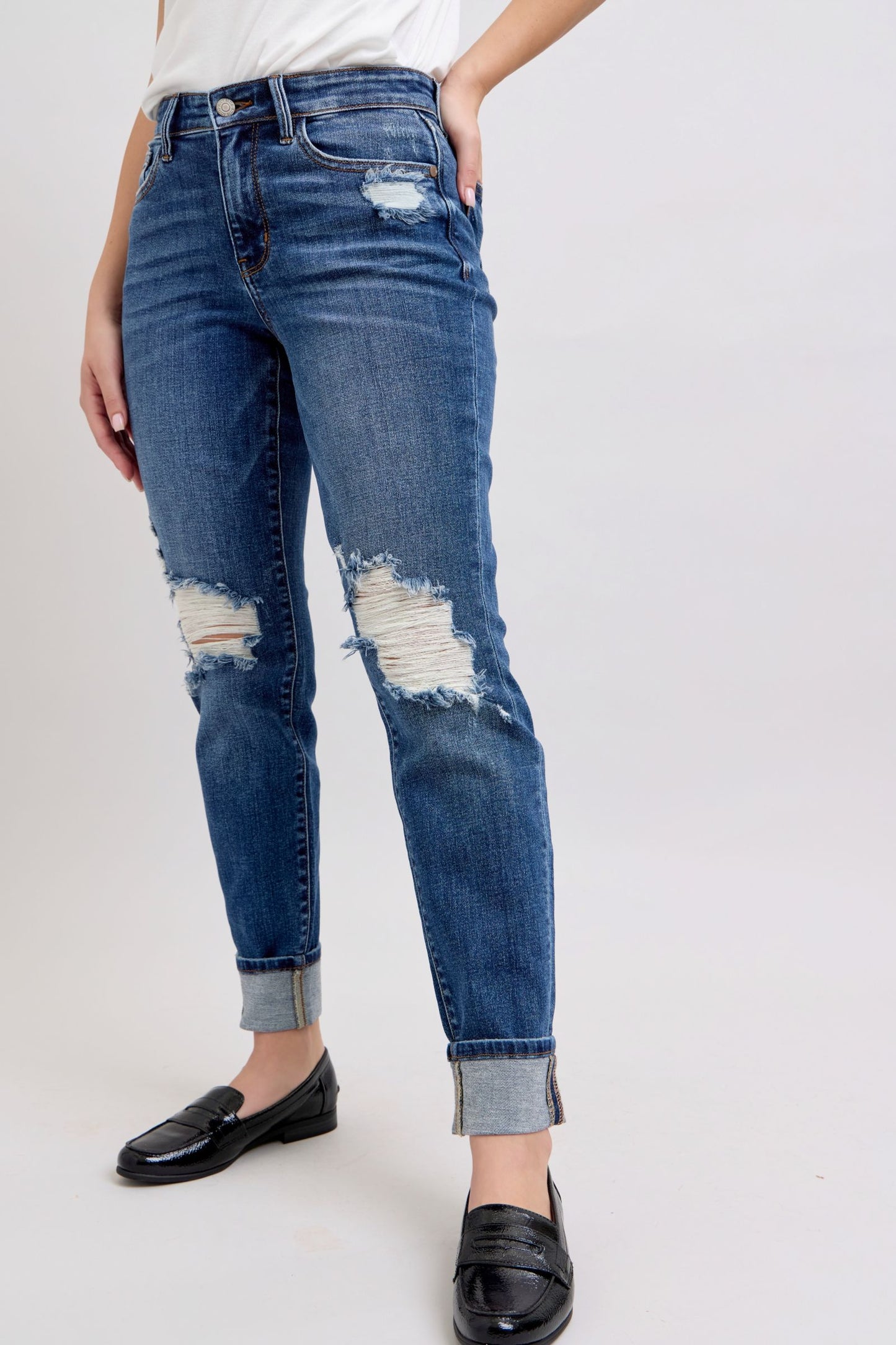 Judy Blue Yoke PK Cuff Boyfriend Jeans