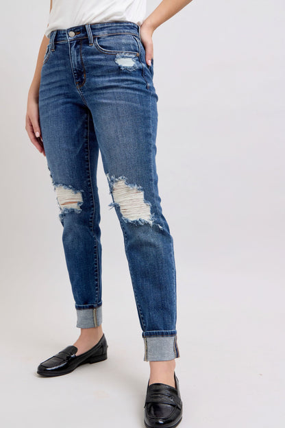 Judy Blue Yoke PK Cuff Boyfriend Jeans