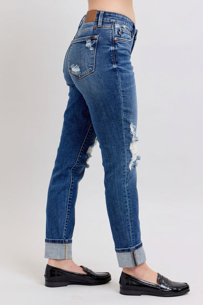 Judy Blue Yoke PK Cuff Boyfriend Jeans
