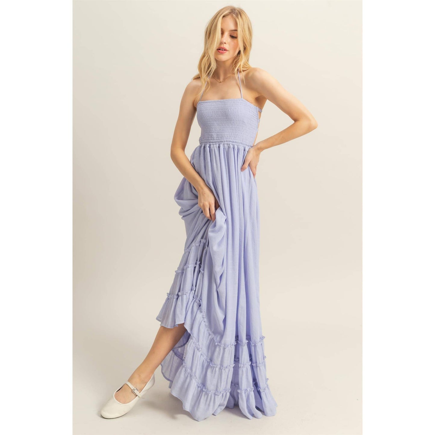 The Talia Halter Neck Smocked Bodice Tiered Hem Maxi Dress