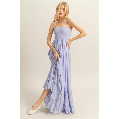 The Talia Halter Neck Smocked Bodice Tiered Hem Maxi Dress
