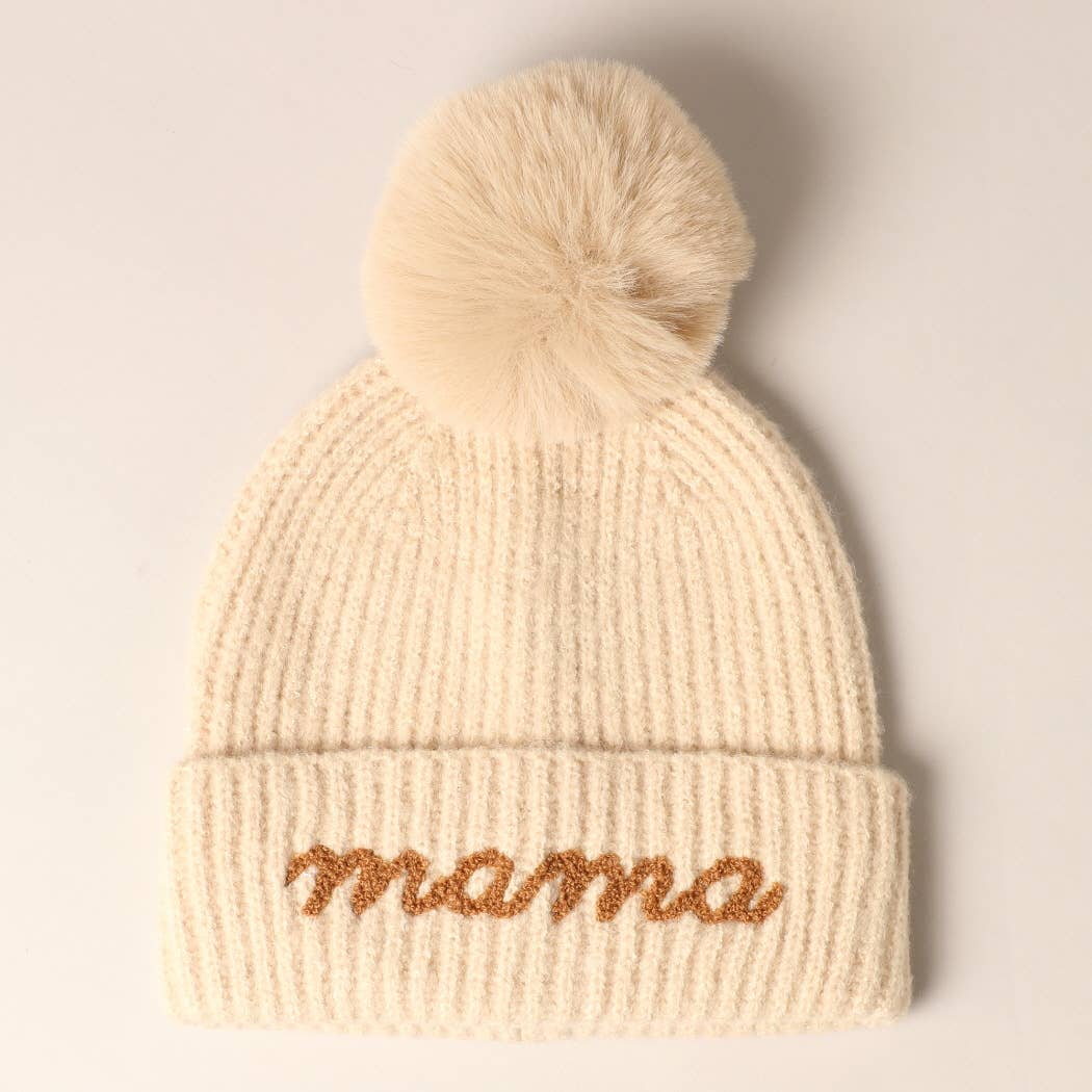 The Mama Script Embroidered Pom Beanie