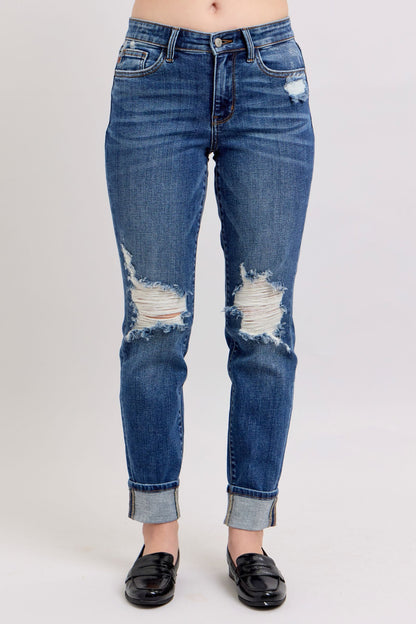 Judy Blue Yoke PK Cuff Boyfriend Jeans