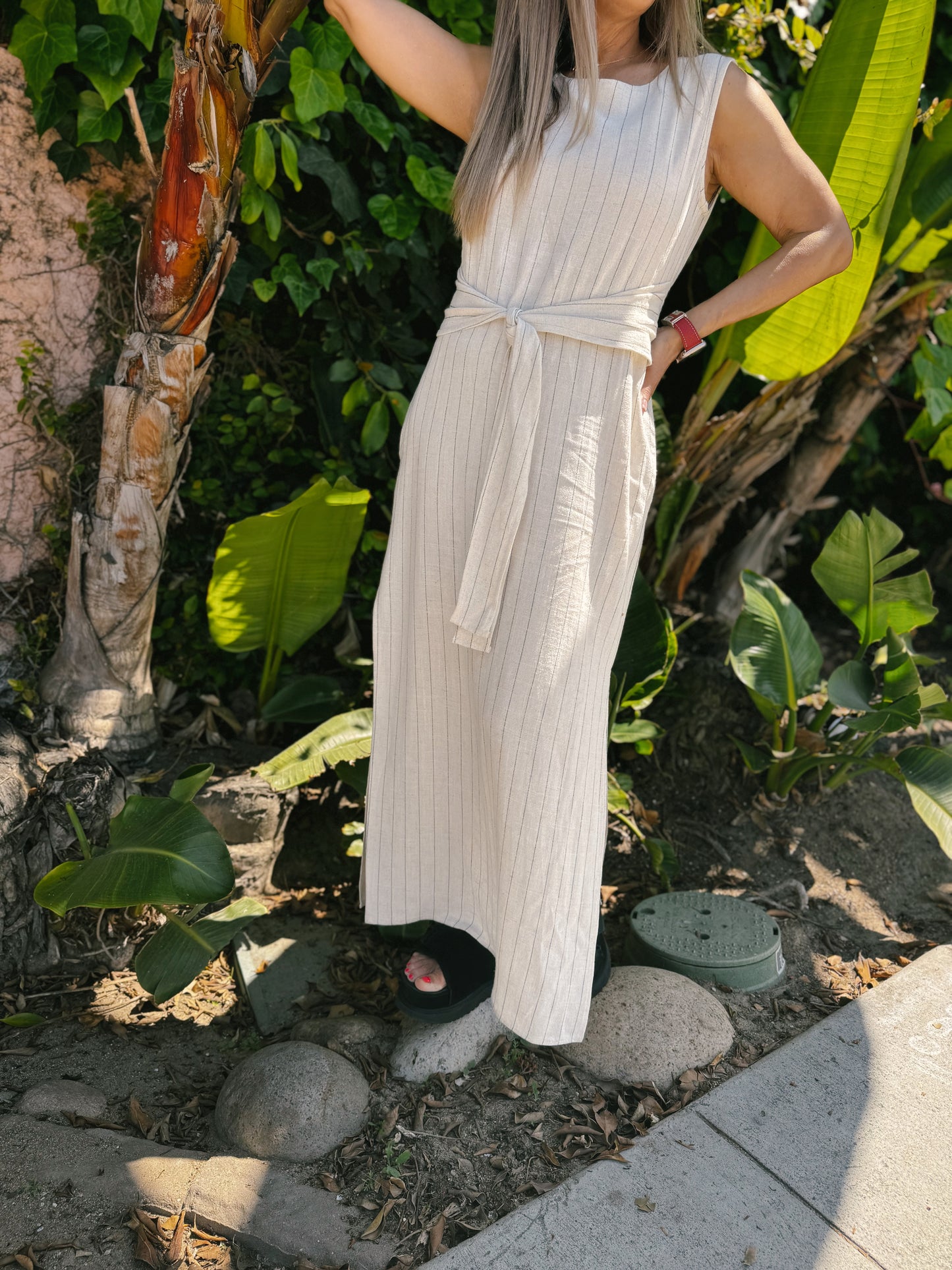The Blaire Striped Rayon Linen Side Slit Maxi Dress