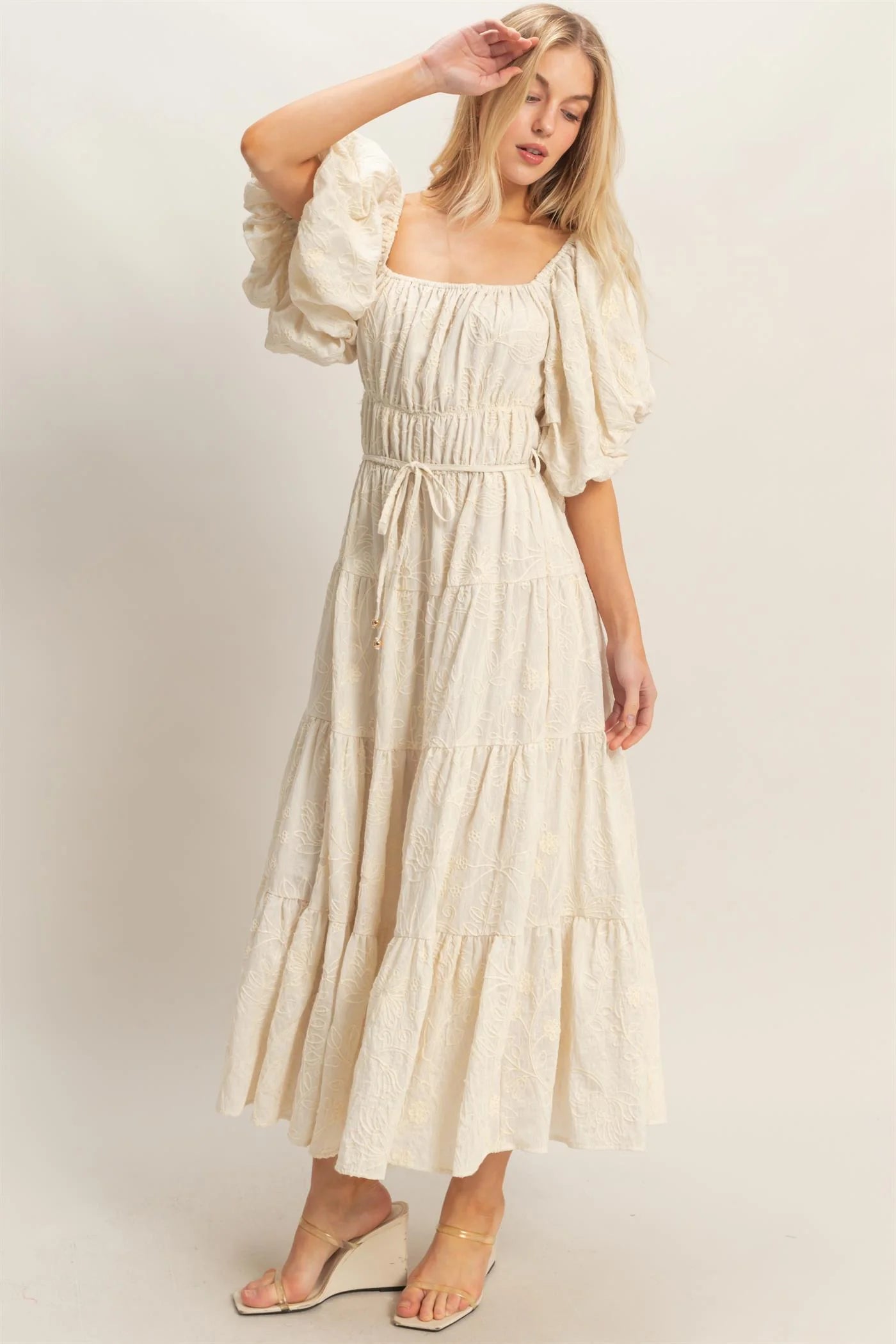 The Soleil | Embroidered Floral Puff Sleeve Maxi Dress