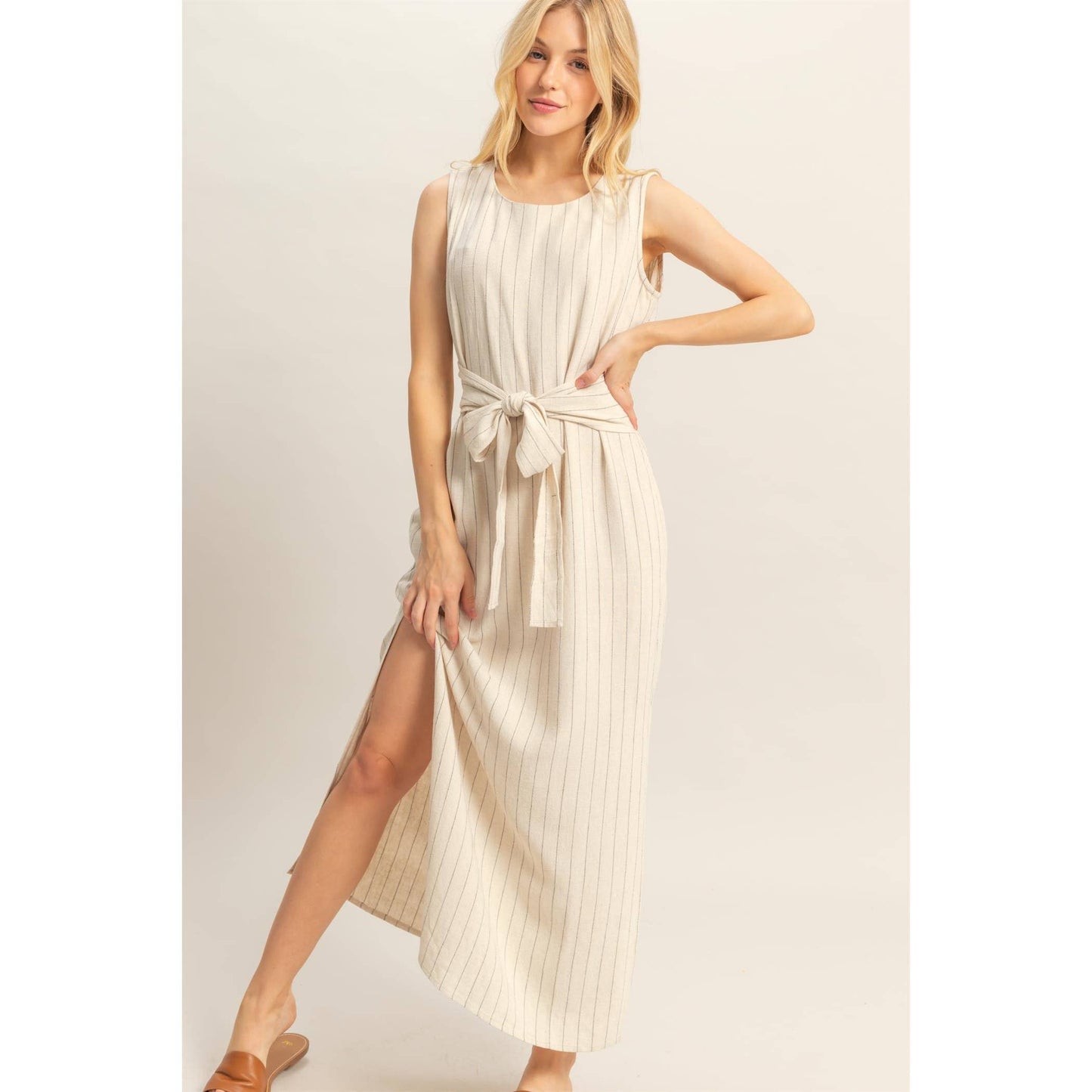 The Blaire Striped Rayon Linen Side Slit Maxi Dress