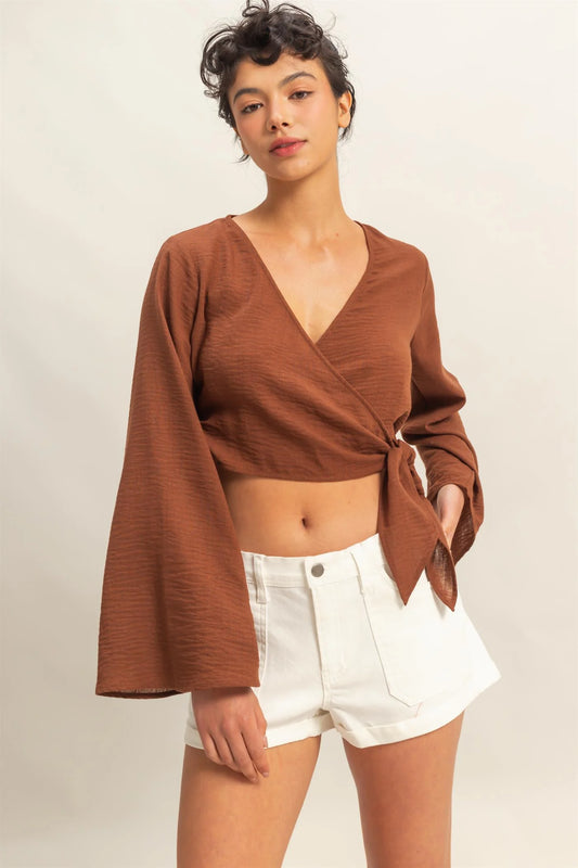 The Divina Crinkle Woven Wrap Style Cropped Blouse