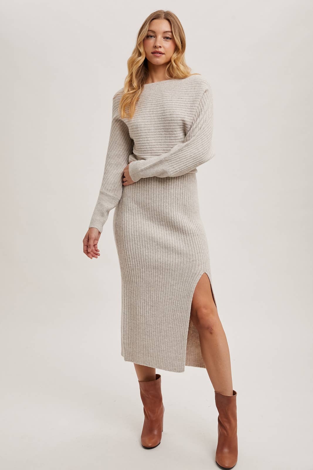 The Rory One Shoulder Side Slit Midi Knit Sweater Dress