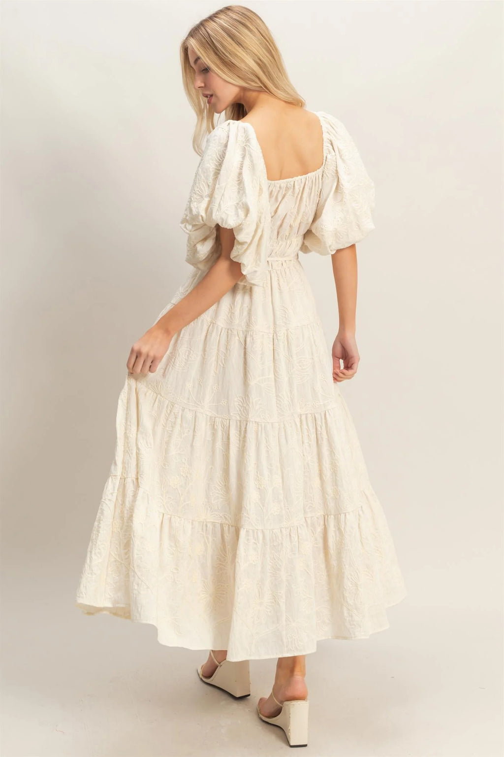 The Soleil | Embroidered Floral Puff Sleeve Maxi Dress