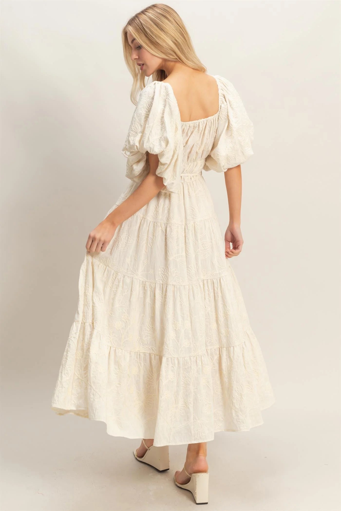 The Soleil | Embroidered Floral Puff Sleeve Maxi Dress