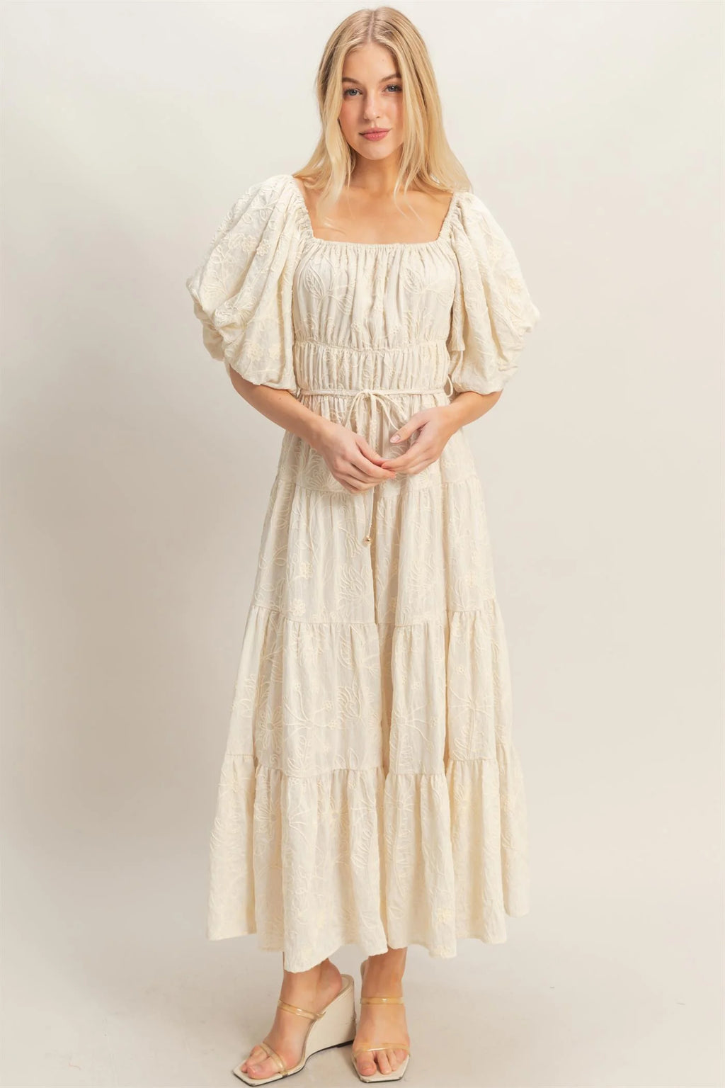 The Soleil | Embroidered Floral Puff Sleeve Maxi Dress