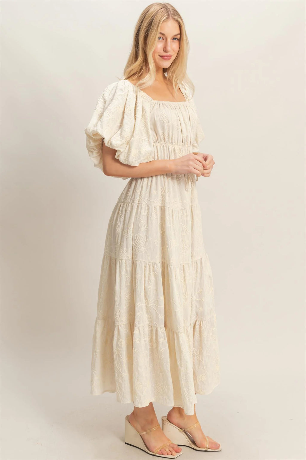 The Soleil | Embroidered Floral Puff Sleeve Maxi Dress