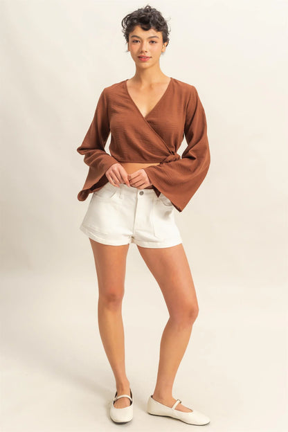 The Divina Crinkle Woven Wrap Style Cropped Blouse