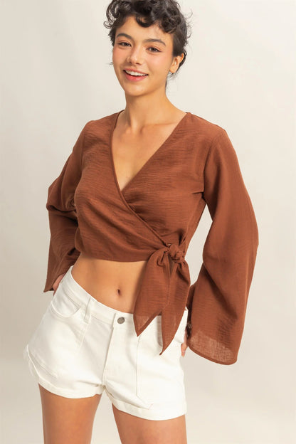 The Divina Crinkle Woven Wrap Style Cropped Blouse