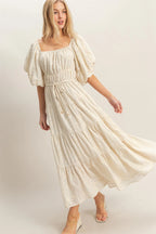 The Soleil | Embroidered Floral Puff Sleeve Maxi Dress