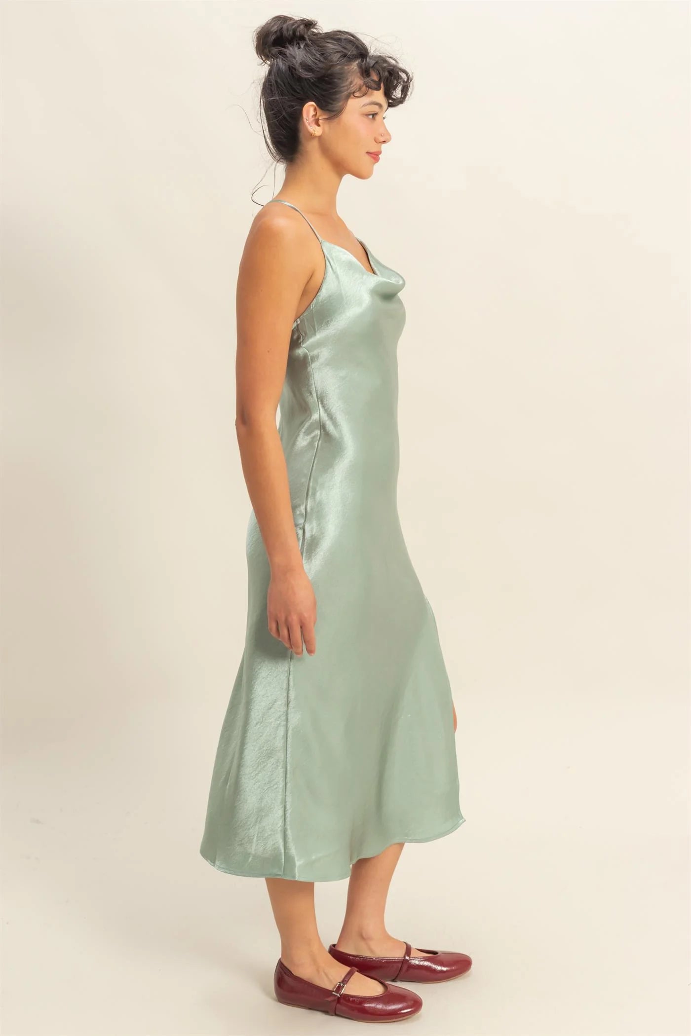 The Selah Satin Cowl Neck Midi Dress