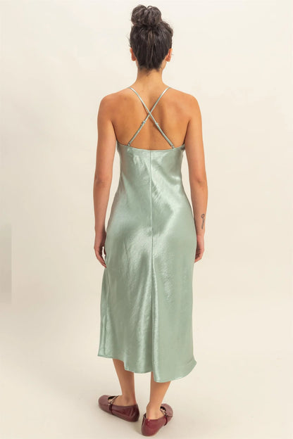 The Selah Satin Cowl Neck Midi Dress