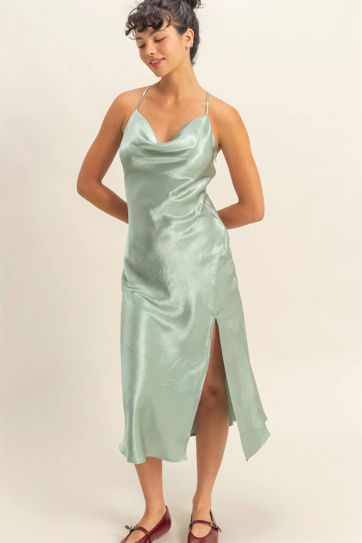 The Selah Satin Cowl Neck Midi Dress