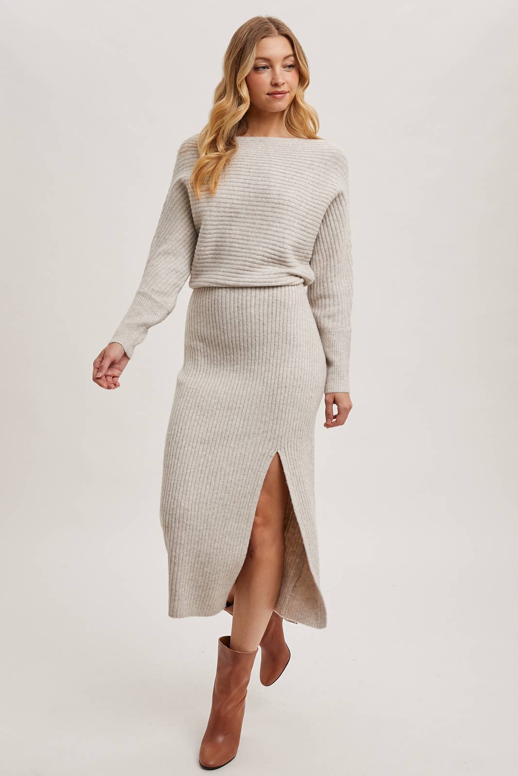 The Rory One Shoulder Side Slit Midi Knit Sweater Dress