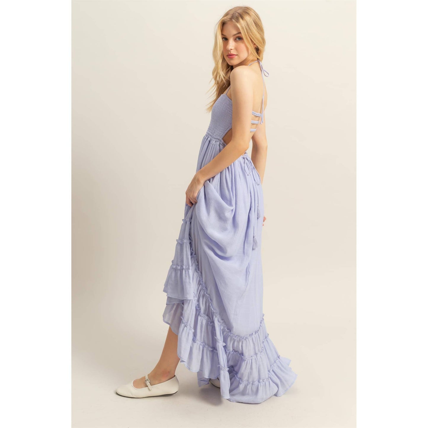 The Talia Halter Neck Smocked Bodice Tiered Hem Maxi Dress